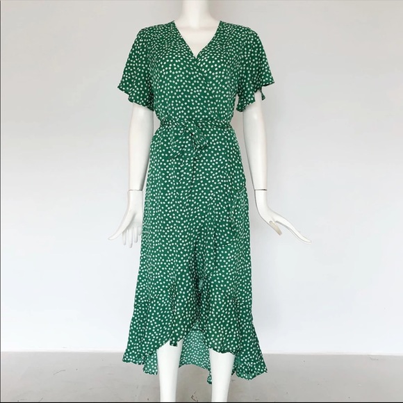 2 Left! Green Floral Wrap Maxi Boho Chiffon Dress - Picture 7 of 14